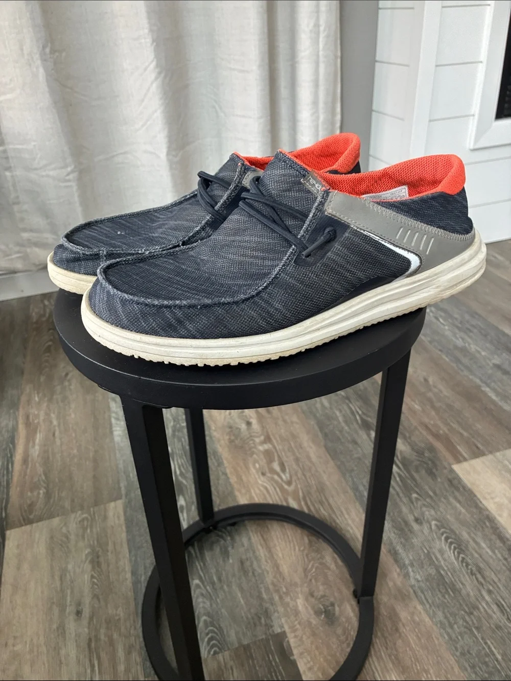Hey Dude Navy Denim-Look Slip-On Loafers with Orange Lining